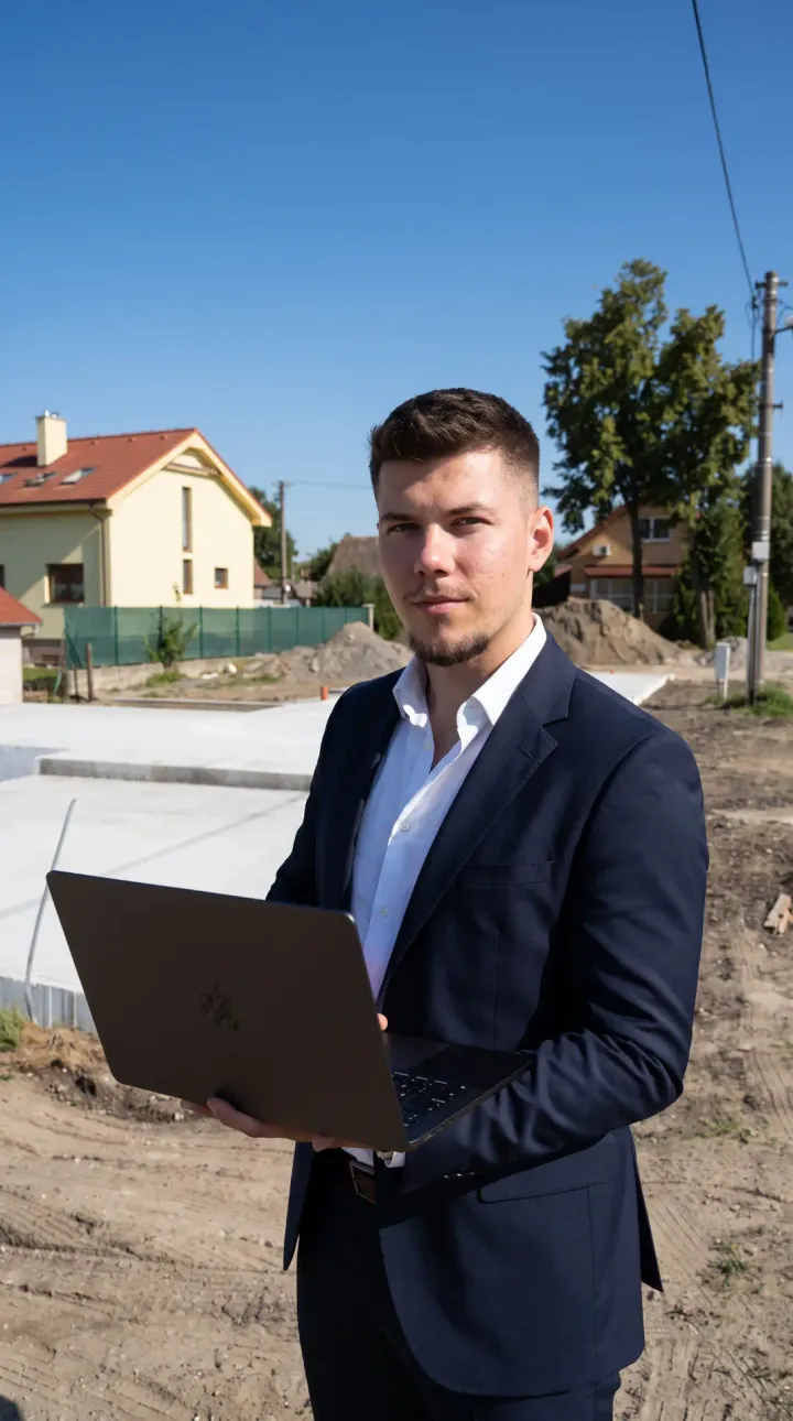 Várkonyi Csaba, a Nexolus alapítója, laptoppal egy építkezésen