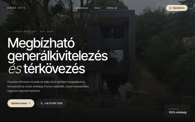 Kővex Építő Kft. weboldalának nyitóképernyője