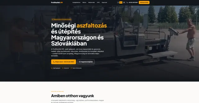 ProfiAszfalt weboldalának nyitóképernyője